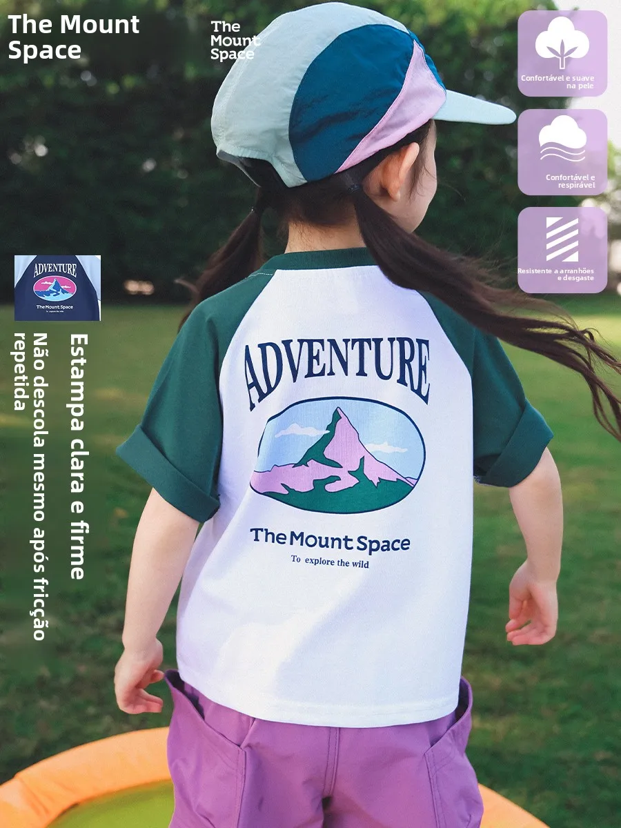 女の子用半袖tシャツ-アウトドア-夏新作-プリント入り-ハーフスリーブ-肩飾り付き-子供服-綿ポリ混紡