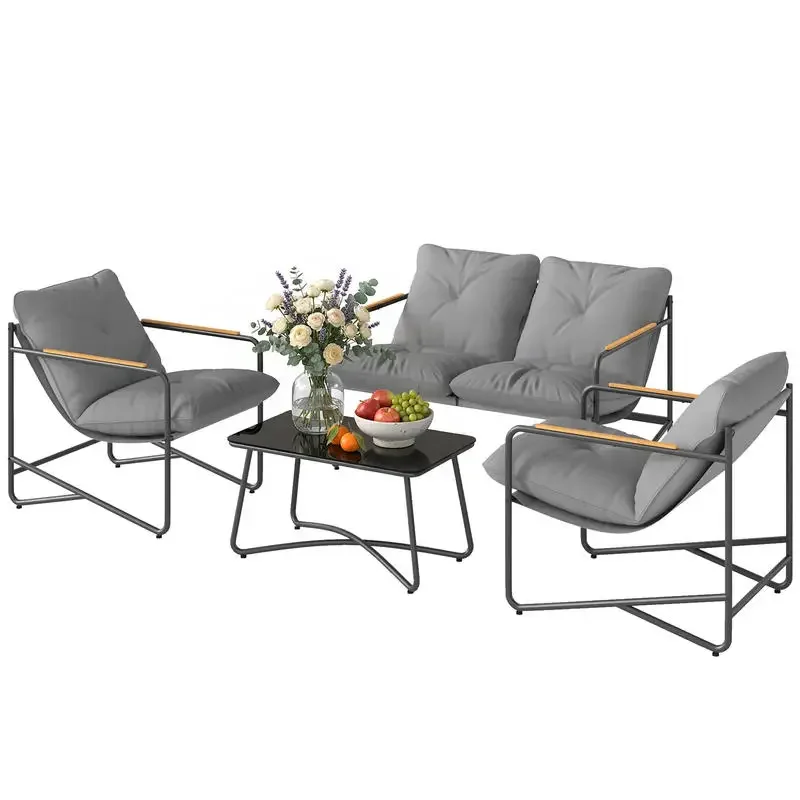 Salon de jardin 4 pièces avec canapé 2 places, 2 fauteuils et table basse en verre trempé, coussins 13 cm, gris clair