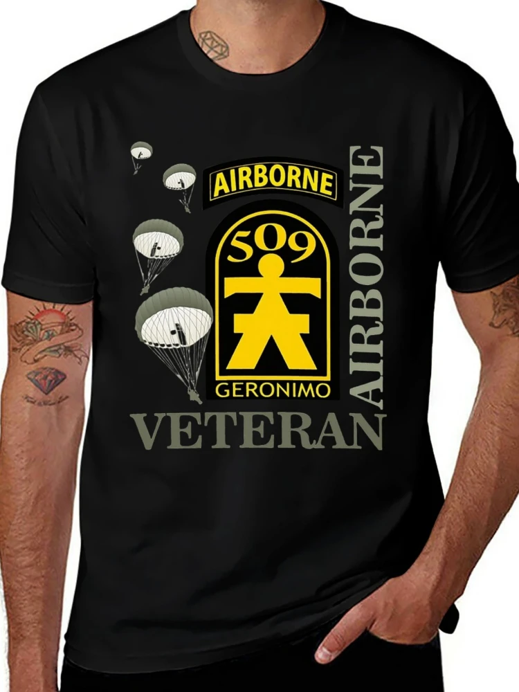 

Airborne veterans of the 509th Parachute Infantry Regiment -100% cotton O-neck T-shirt with retro military pattern printing.