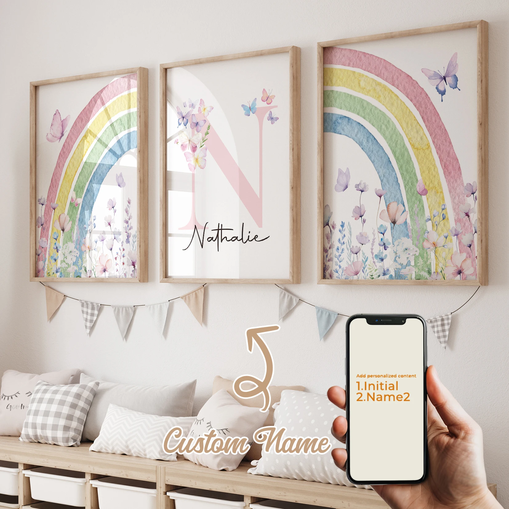3-teiliges Personalisiertes Benutzerdefiniertes Namens-Cartoon-Regenbogen Wandkunst-Set Leinwand-Poster Gemälde Wohnzimmer Heim-Dekoration