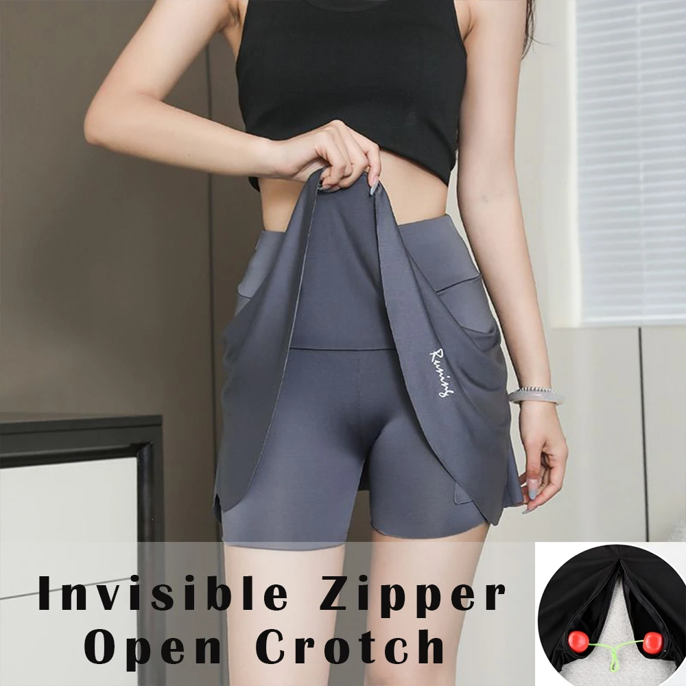 

Outdoor Invisible Zipper Open Crotch Exotic Skort Skirt High Waist Women Plus Size Tight Shorts Bottoms