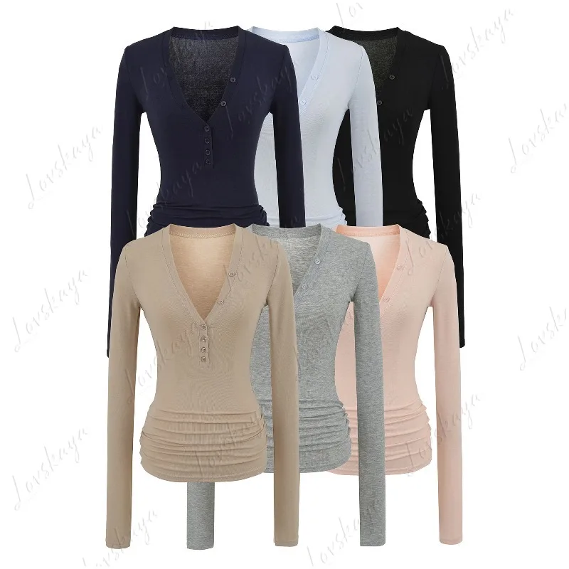 New Tencel V-neck Button-tight Long-sleeved T-shirt Women's Elastic Slim-fitting Thin Bottoming Shirt Top