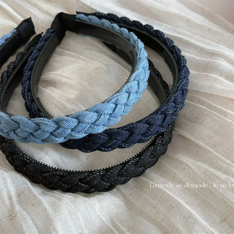 Denim Color Twist Fabric Headband with Teeth Fixed All-Matching Girlish High Sense Mori Sweet Hairpin Hair Hoop