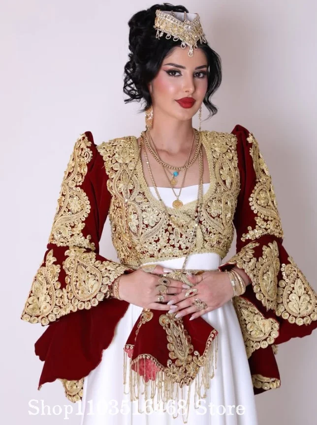 Traditional Red Algerian Wedding Gown Dreamy Ethnic Arab Bridal Gown Gold Appliqué Customized Wedding Guest Dress Bridesmaid Dre