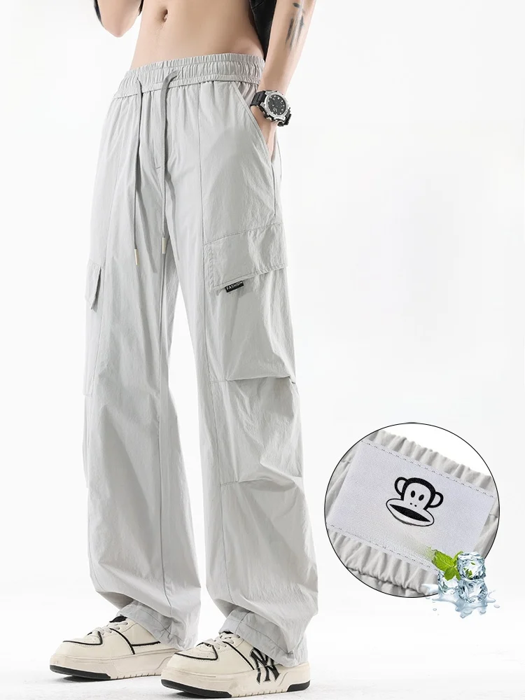 

Мужские летние брюки Paul Frank из тонкого ледяного шелка, новинка 2025 года, свободные повседневные брюки в американском стиле, быстросохнущие, прямого кроя