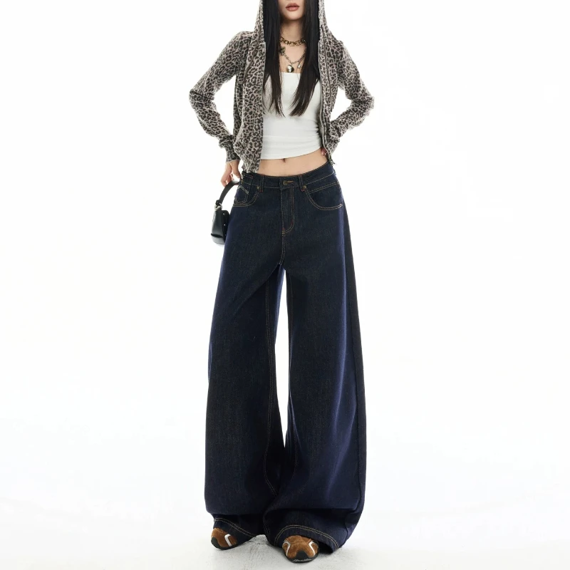 Ladies Y2K Retro Low‑Rise Wide Leg Denim Pants Contrast Stitching Pocket Detail Baggy Loose Fit Casual Floor‑Sweeping Long Jeans
