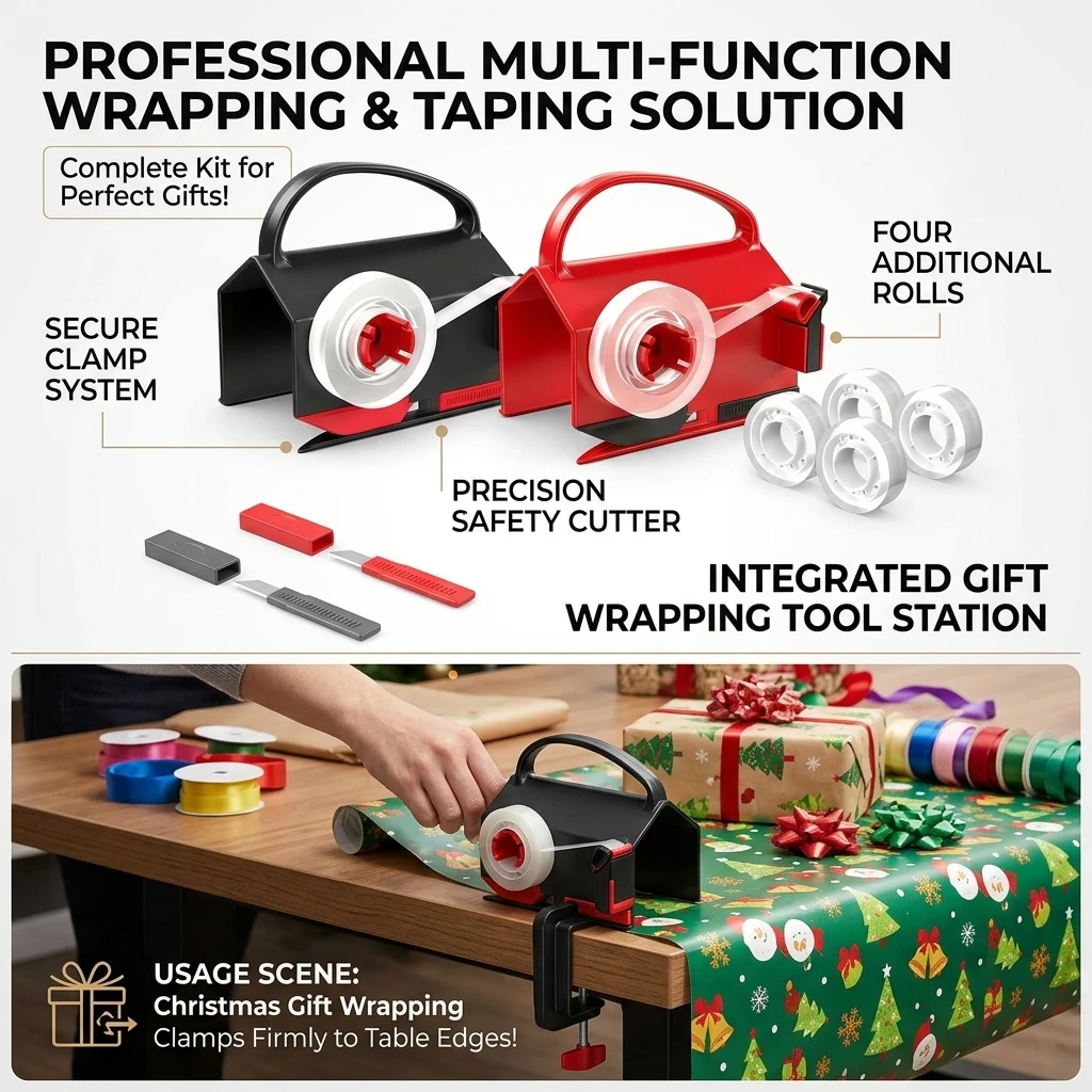 Wrapping Paper Cutter Tape Dispenser Dual Use Wrap Cutter Tool Paper Roll Holder Tube Sliding Easy Cut Straight Sliding Tool