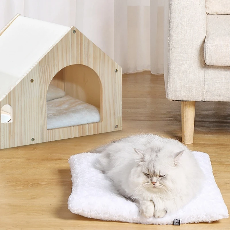 Real Wood Cat House Condo Luxury Pet Cat Bed With Food Bowl Water Bowl Totally Enclosed Pet House for Small Dog Cats Puppy Beds