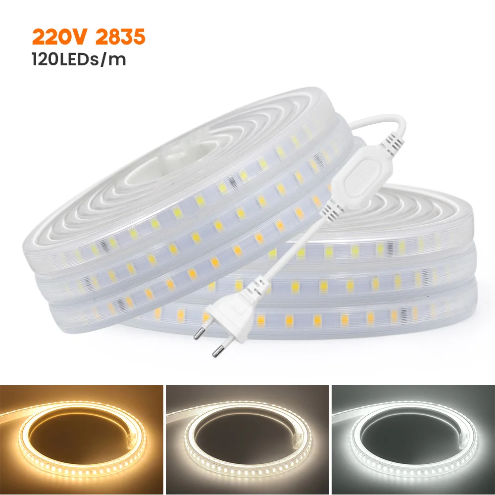 220V 2835 LED Strip Light with Switch Power Plug Kit 120LED/m Waterproof Flexible LED Ribbon Home Decoration Cold/Warm White