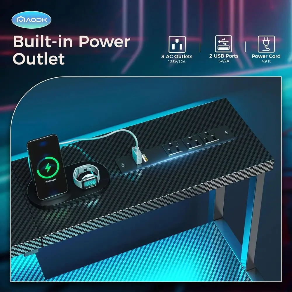 48 Carbon Fiber Gaming Desk with LED Lights, Power Outlet, Storage, and Monitor Shelf
