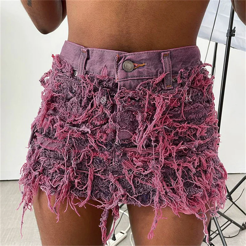 

Tassel Denim Mini Skirt Women Distressed Y2k Ripped Hole Streetwear Button High Waist Jeans Skirts Sexy Party Club Bottoms