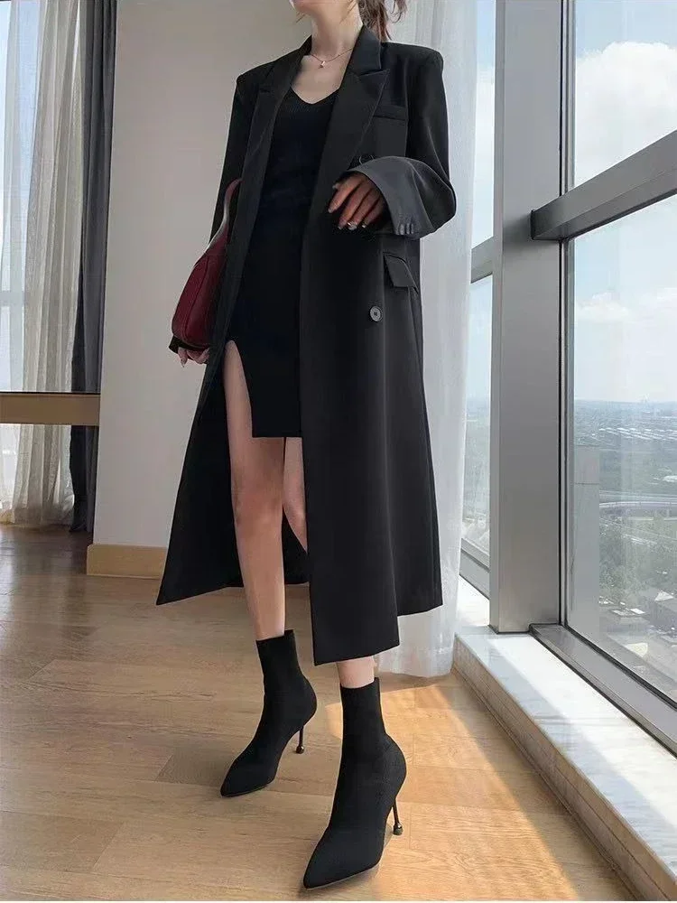 Trench Coat for Women Suit Collar Double-breasted Solid Color Long Coat Elegance Office Lady Jackets Autumn Winter Clothes Women