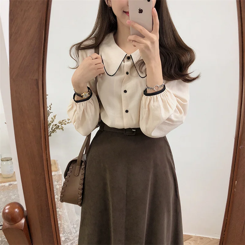 Autumn Vintage Women Shirt Elegant Turn Down Collar Woman Blouse Blue Long Sleeve Ladies Shirts Tops Blusas