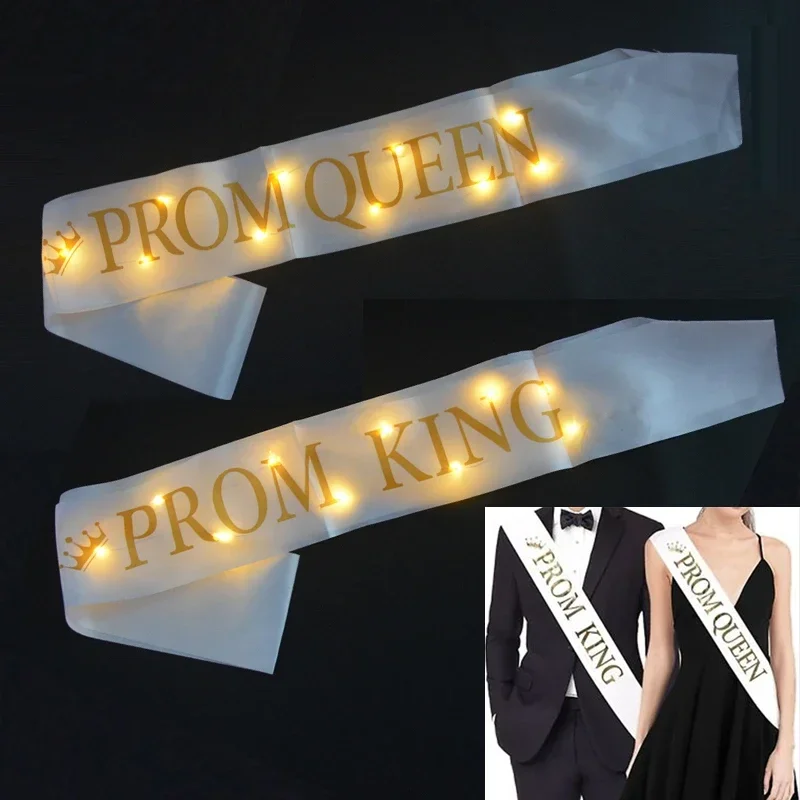 Neon Party Glow Flower Wreath Crown Headband Light Ribbon Sash Golden Letters Prom King Queen Wedding Festival