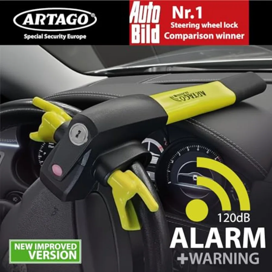 Car steering wheel lock for SUV pickup truck van: high-end steel black 2-in-1 smart alarm with 120dB theft warning and night LE