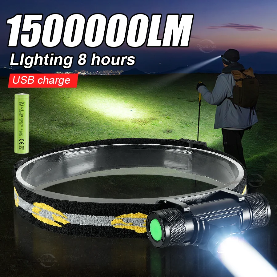 

Мощный светодиодный налобный фонарь 1500000LM, супер яркий прожектор, перезаряжаемая фара, водонепроницаемый налобный фонарь, фонарь для кемпинга и рыбалки