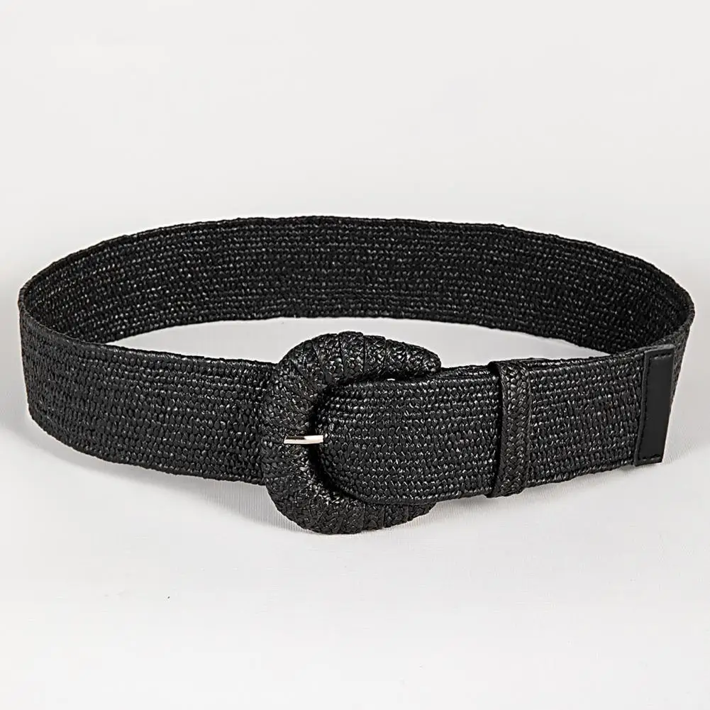 

Bohemian Style Hand-woven Black and White Round Buckle Women Belts Designer Woven Elastic PP Straw Grass Girls Waistband