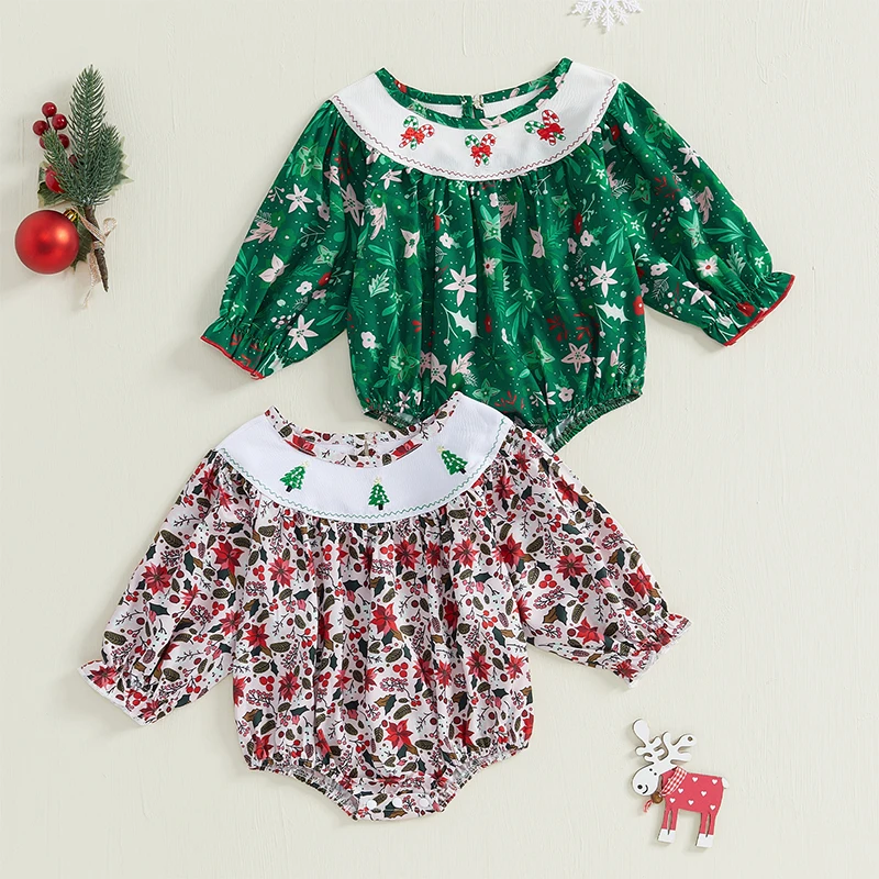 Baby Girl Christmas Outfit Smocked Bubble Romper Long Sleeve Floral Bodysuit Infant Fall Jumpsuit Xmas Clothes