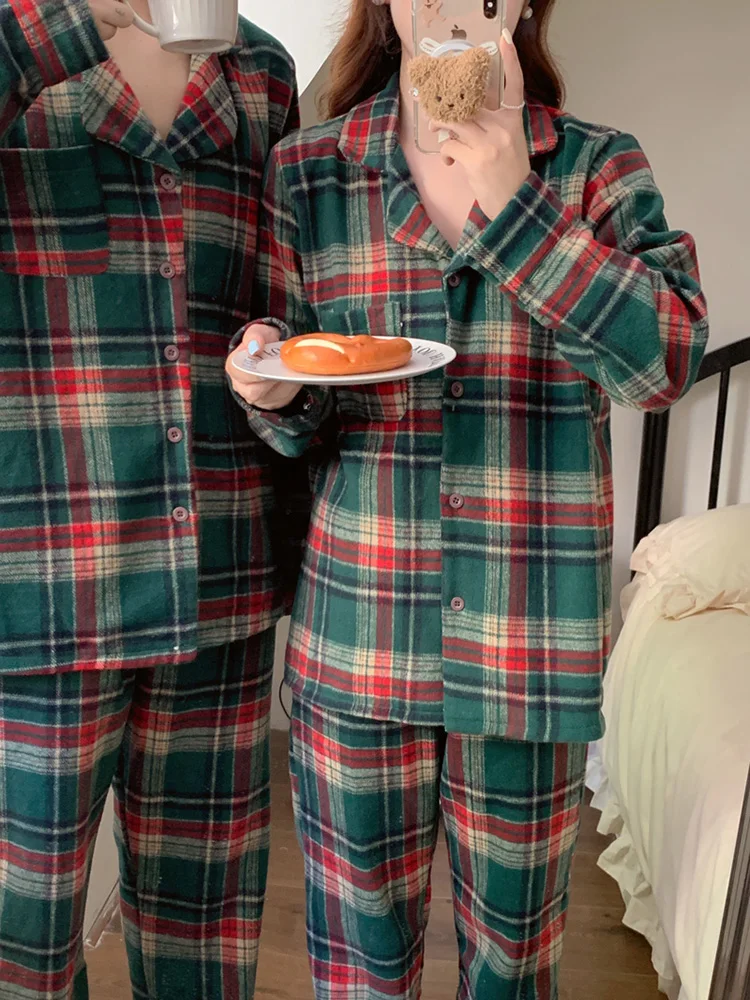 New 2colors Christmas Lovers Simple Plaid Thicken Stripe Couple Long Sleeve Pajama Set Women Loose Winter Vintage Sleepwear Ins