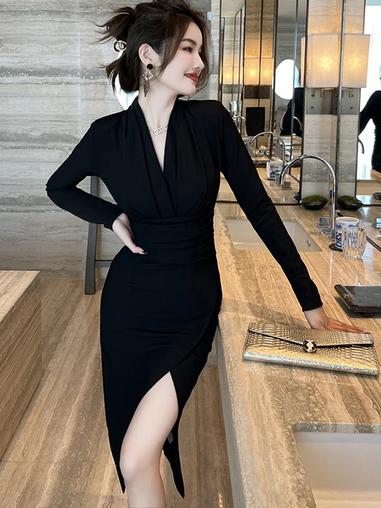 Spring Autumn Fashion Women Dress Vintage Black Simple Sexy V-Neck Corset Bodycon Slit Midi Party Prom Robe Femme Mujer Vestidos