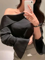 Elegant Korean Black Chiffon Off-Shoulder Women's Pullover Top Perfect Spring Vintage Elegance for The Office with Long Sleeves