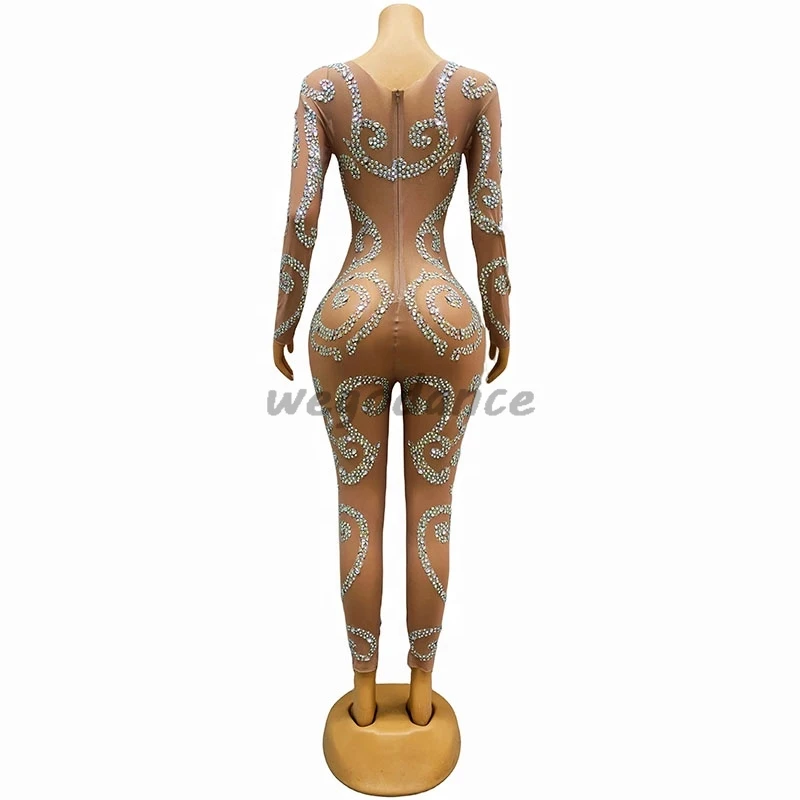 Sexy Bodysuit Outfit Birthday Performance Singer Costume Shining AB Color Rhinestones Nude Transparent Jumpsuit