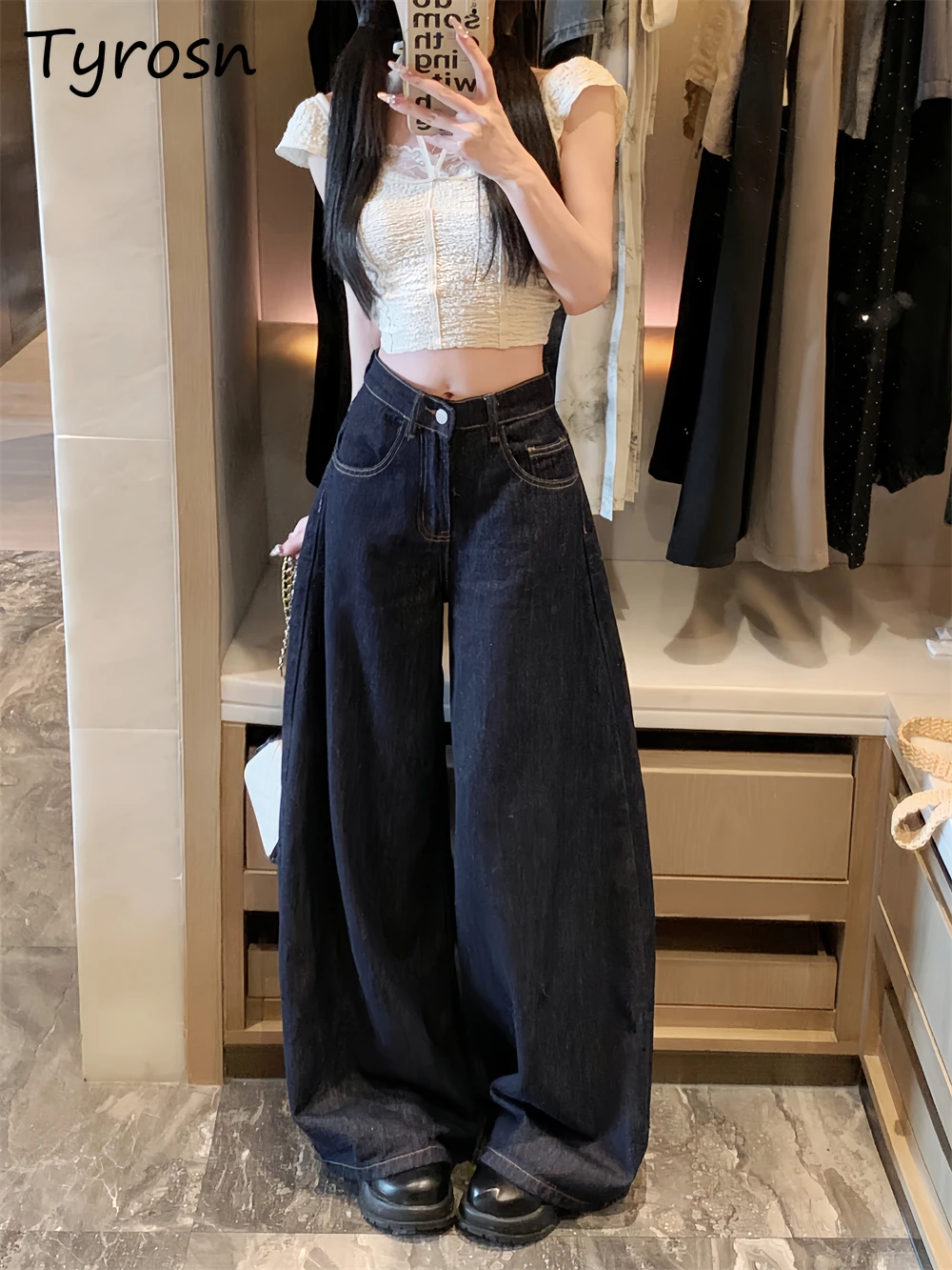

Wide Leg Jeans for Women Hot Girl Retro Washed High Waist Baggy Straight Floor-length Trousers Couple Fashion Daily All-match