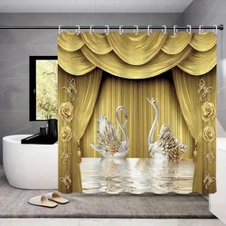 Golden Floral Swan Printed Shower Curtain Set Waterproof Bathroom Partition Curtain with Hooks, Bath Accessories Aesthetic Decor