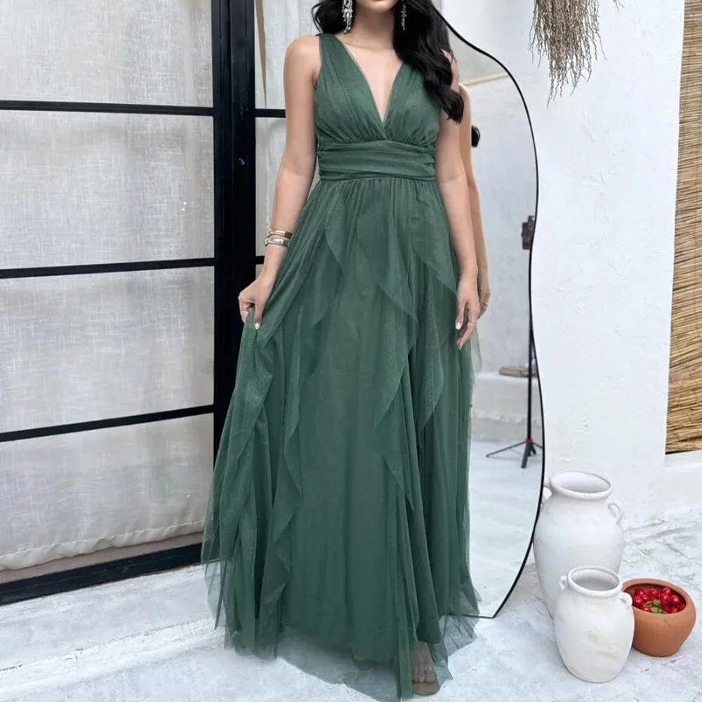 

Sleeveless Tulle Cap Sleeve V-Neck Floor Length Straight Evening Dress Temperament Photo Color Delicate Saudi Arabia 2024