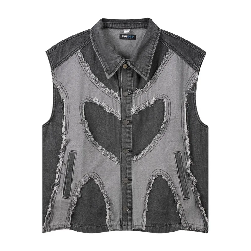 European and American mens Lapel Sleeveless Denim Jacket Cropped Baggy Vintage Washed Jean Vests Raw Edges Oversized Y2k