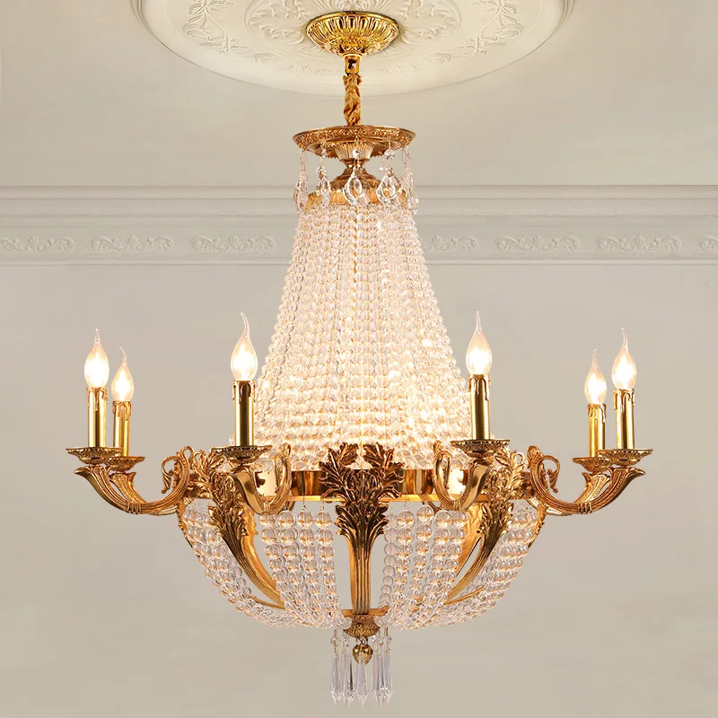 

French Classic Brass Crystal Pendant Lamp Lobby Villa Banquet Hall Chandelier European Copper Luxury Luminaire Light