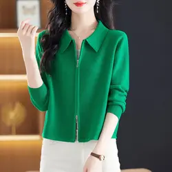 All-match Autumn Winter Turn-down Collar Screw Thread Solid Color Zipper Cardigan Sweater Knitted Elegant Women's Clothing Tops