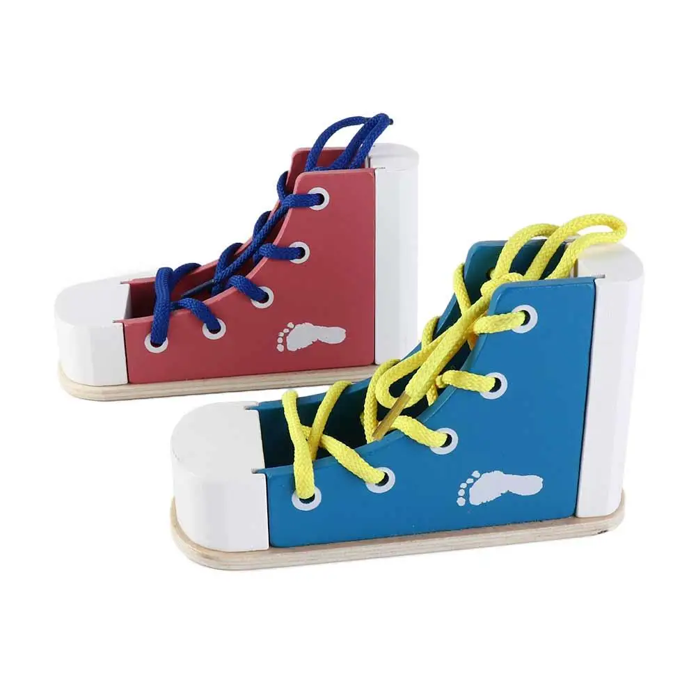 Tie Shoes Wooden Shoelace Toys Puzzle game Lacing Shoes Wearing Shoes with Shoelaces Toy Wood Lacing Sneaker