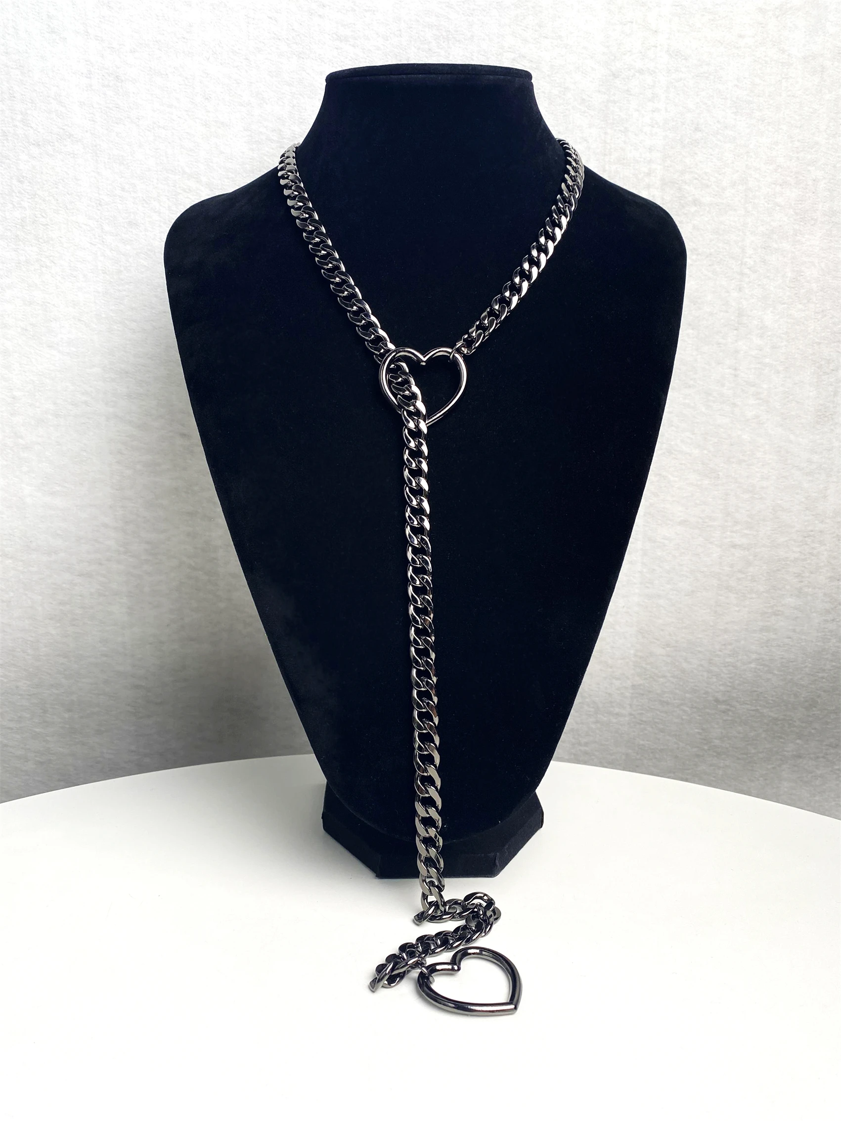 Heart O-Ring Slip Chain Necklace For Women, Punk Rock Stainless Steel Cuban Long Necklace Jewelry, Adjustable Lariat Y-Necklace