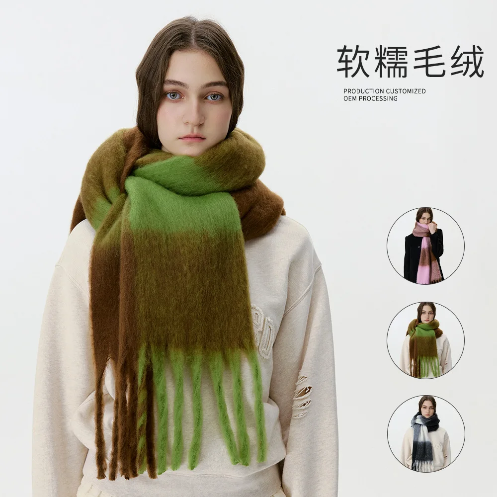 

2025 Winter New Retro Color blocked Checkered Tassel Women's Scarf Personalized Shawl Thickened Warm Soft Sticky Couple's Neck