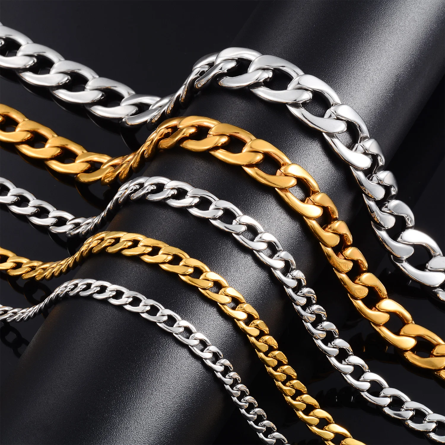 Figaro-Kette, Rostfreier Stahl, 4-11,5MM, 18K Vergoldet, Silberfarbene Gliederkette für Männer, Frauen und Jungen – Detail 3