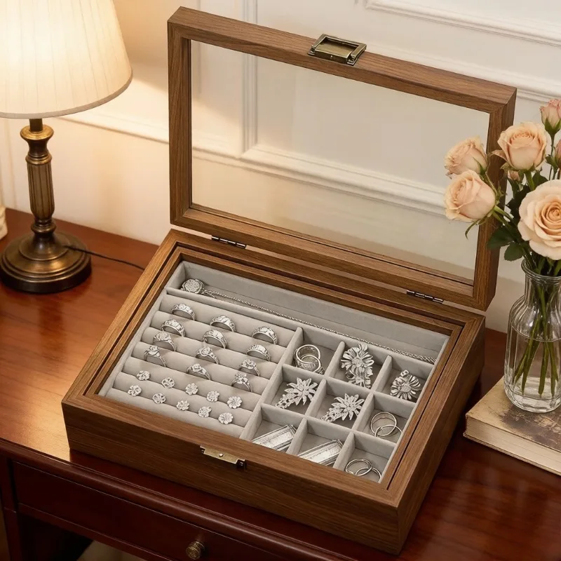 Double-Layer Jewelry Box, Delicate Solid Wood Storage Box for Necklaces Earrings, Portable Covered Jewelry Organizer