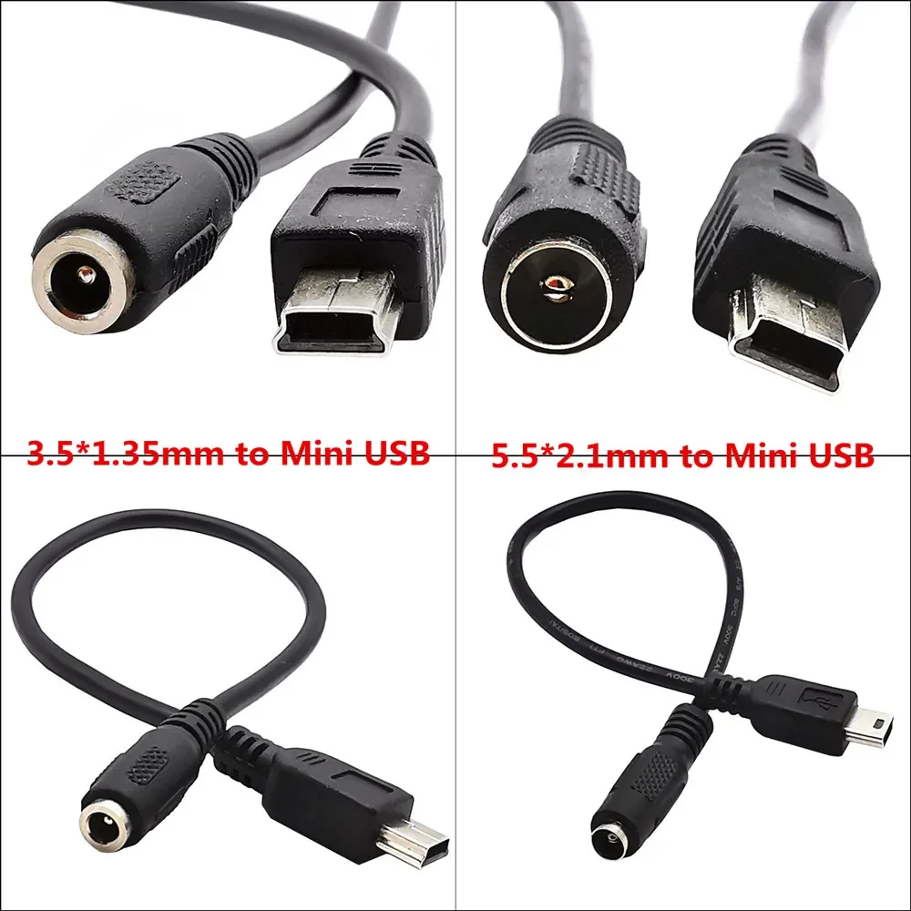 3A DC Power Jack Cable Female 3.5x1.35mm &5.5x2.1mm to Mini USB 5 Pin Male Cable 20cm Black for MP3 Camera