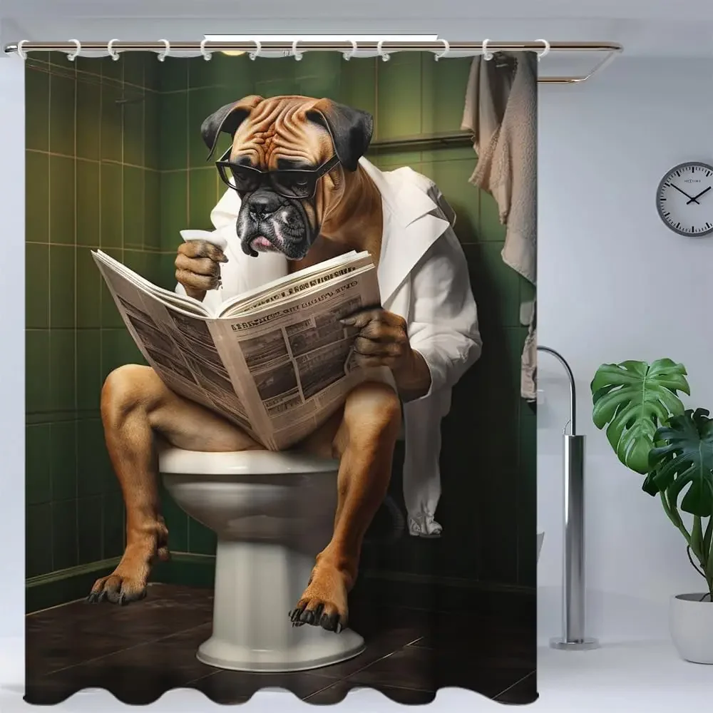 Funny Boxer Dog Bath Shower Curtain,Cute Dogs Reading Newspaper on Toliet Bathroom Curtain Washable Cloth Kids Shower Curtain