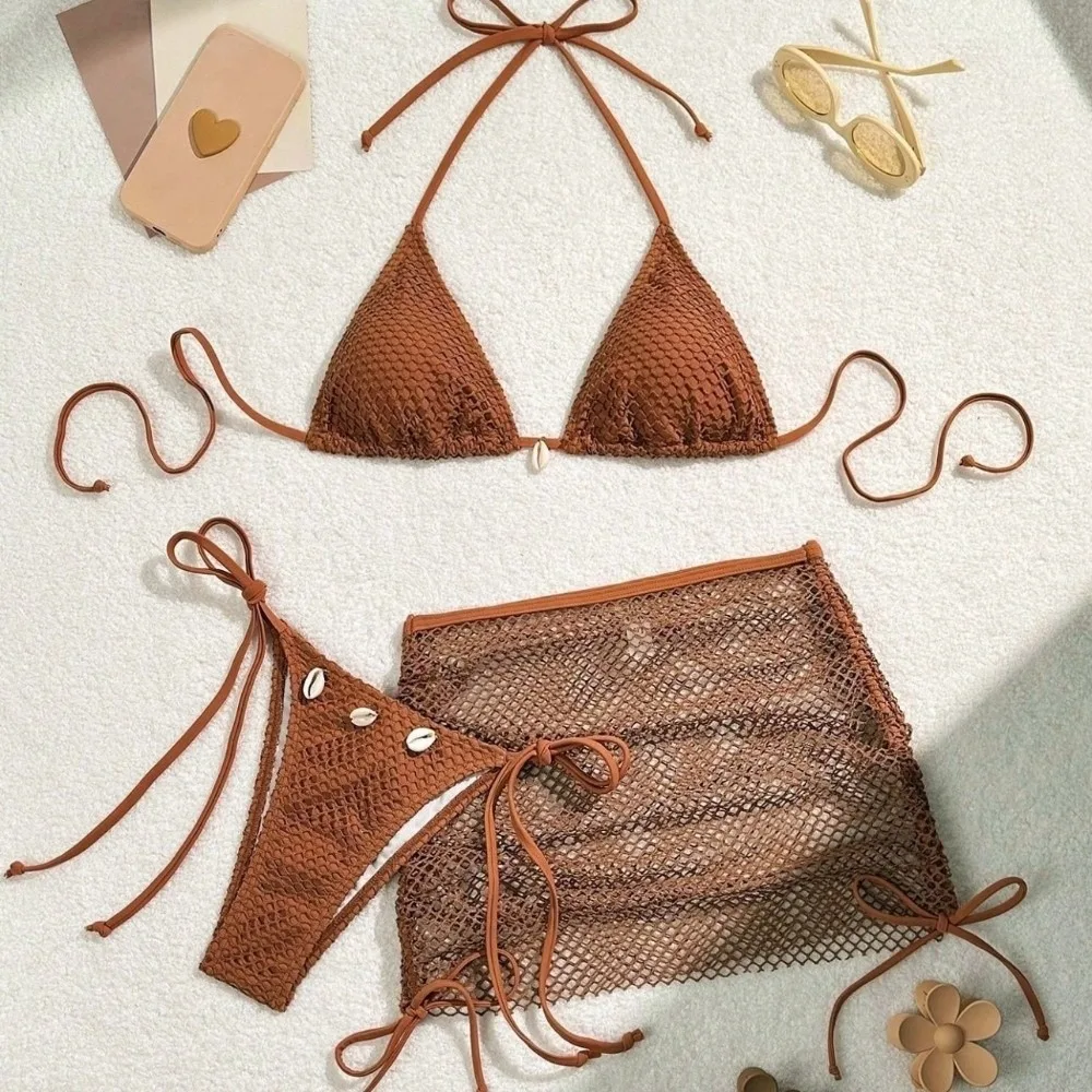 

Casual Mesh 3 in 1 Swimwear Set Lace Up Slim Fit Bikini Bathing Suit Beachwear Clothing Deep-V Sleeveless Swimsuit Ladies
