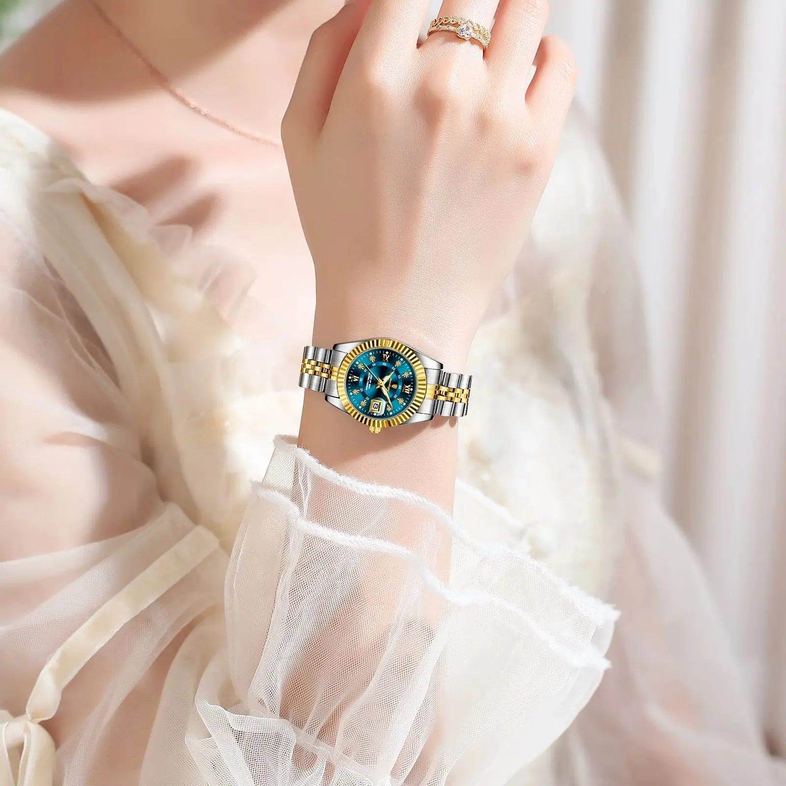 포에다가 여성용 최고급 방수 스테인리스 스틸 야광 날짜 여성용 쿼츠 패션 우아한 시계