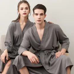 Waffle Couple Bathrobe Hotel Robe Women Dressing Gown Three Quarter Sleeve Cotton Kimono with Pockets Sleep Lounge Nightgown