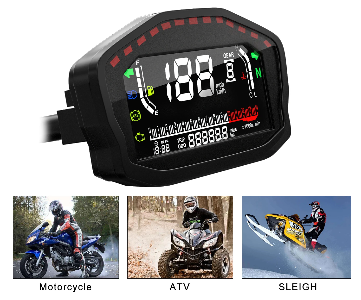 

Rhaxel LCD GPS Speedometer with REV Counter Fuel Level Water Temp Odometer Multifunction Display for Motorcycle with Alarm
