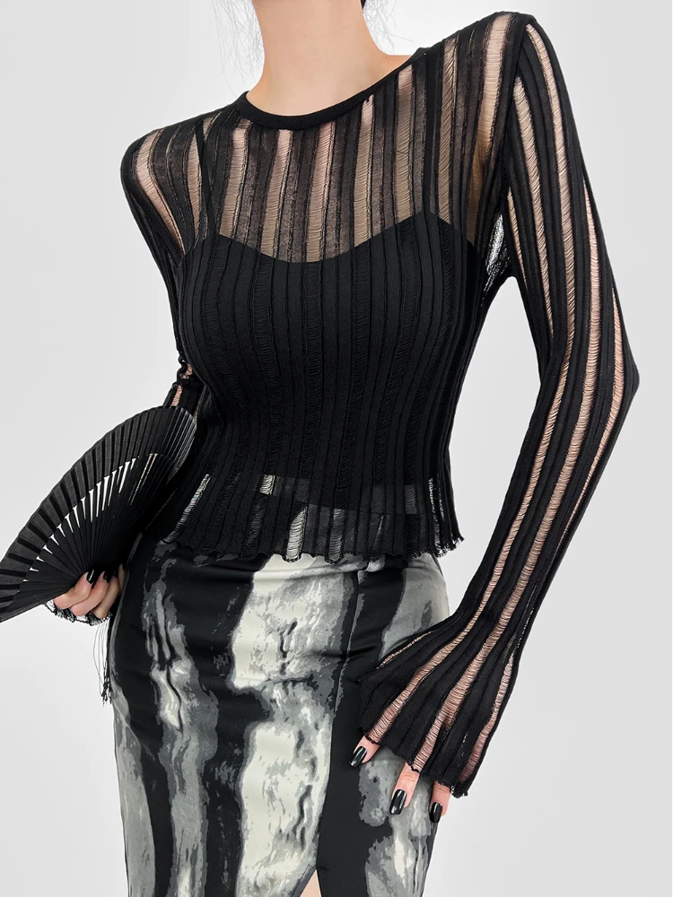 European Style Sexy Pullovers Women Slim Hollow Out Striped Autumn Breathable Ladies Long-sleeve Design Chic Sheer Crop Clothes