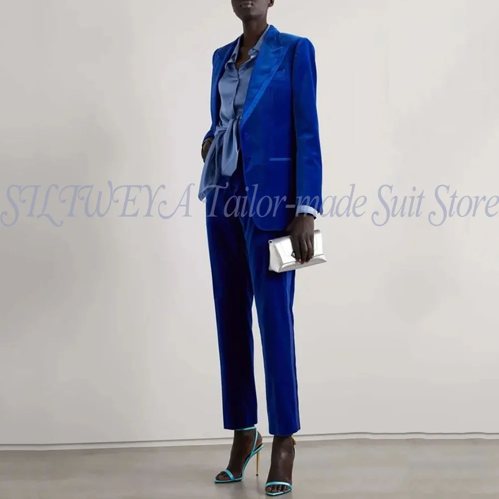 Luxury Blue Velvet Women Suit Pants Set 2 Pieces Blazer+Trousers Slim Formal Office Lady Jacket Wedding Prom Coat Customized