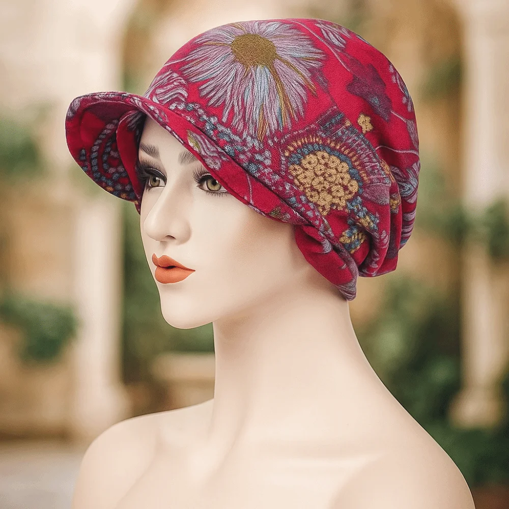 

Slouch Design Print Design Chemo Caps Breathable Comfortable Hair Loss Cap Wide Brim Cotton Chemo Head Scarf Winter Season