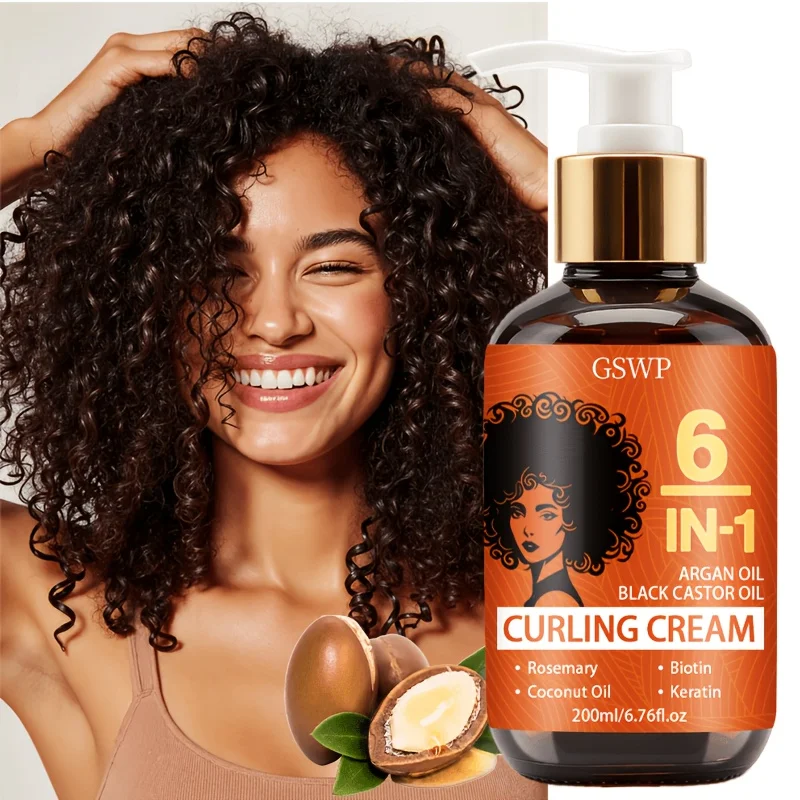 Crema Definidora de Rizos 6 en 1 GSWP, enriquecida con aceite de argán y aceite de ricino, proporciona una hidratación profunda para rizos perfectos. 200/400 ml