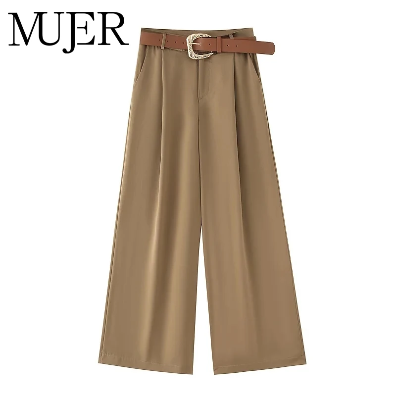MUJER Gürtel Breite Bein Hosen für Frauen Hohe Taille Baggy Hosen Frauen Sommer Beiläufige Lose Hosen Frau Streetwear Satin Hosen Frauen