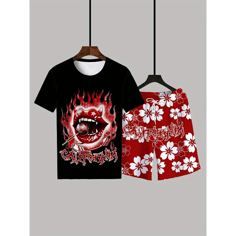 2025 Fashion Men's Short Sleeved Shorts Set Color Contrasting Fashion Quick Drying 3D Printed Polyester Fiber Round Neck T-shirt