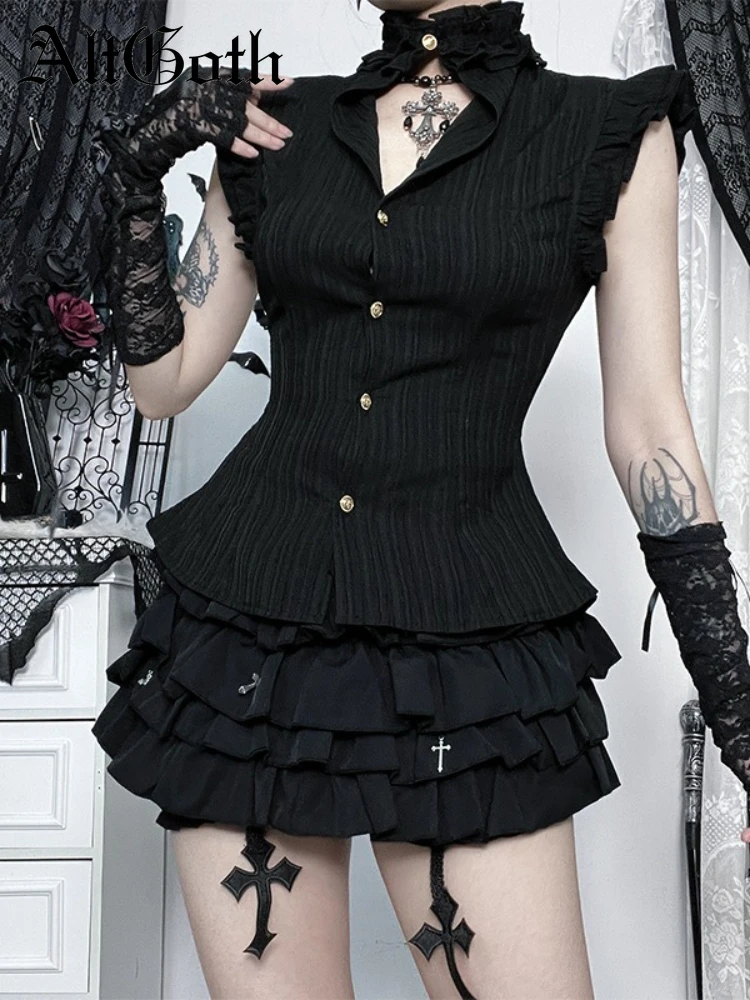 

AltGoth Mall Gothic Sleeveless Shirt Women Vintage Elegant Aesthetic Ruffle Patchwork Hollow Out Blouse Y2k Harajuku Rave Outfit